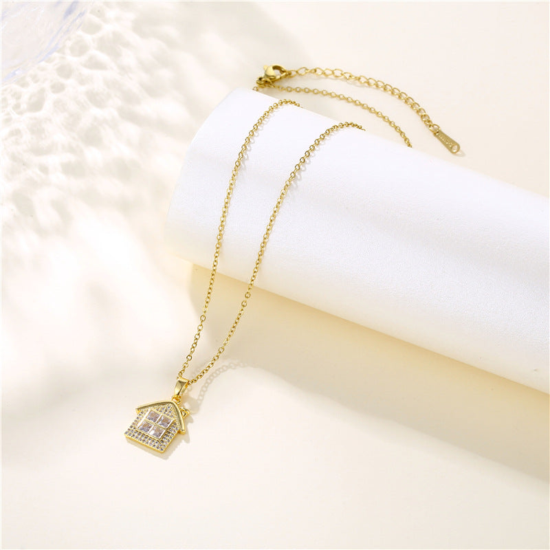 Wholesale Stainless Steel Zircon House Shape Cross Chain Creative Necklace